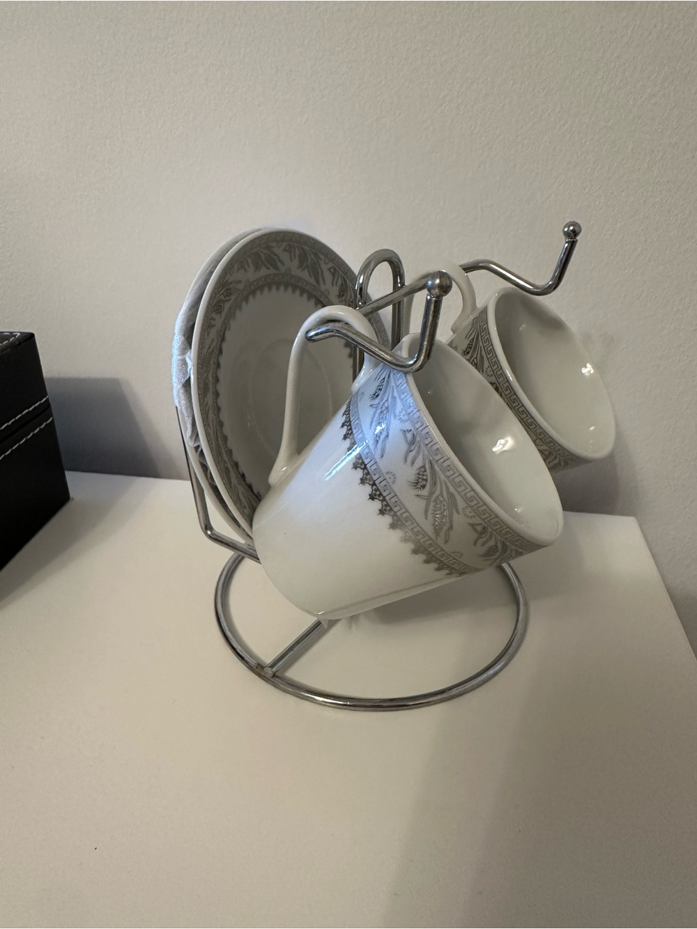 Classic White and Silver Teacup Set with Stand